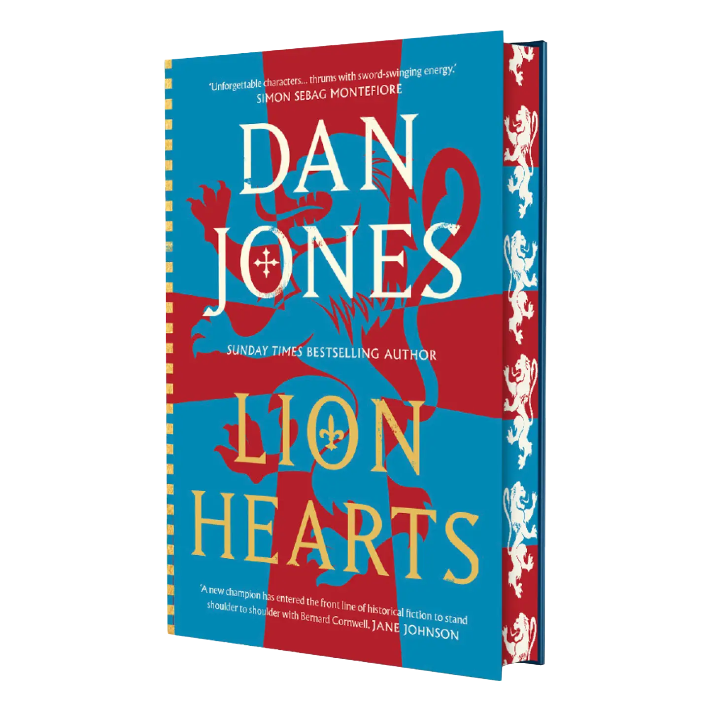 "Lion Hearts" by Dan Jones is a historical fiction book featuring a dynamic cover with red and blue designs and lion motifs.