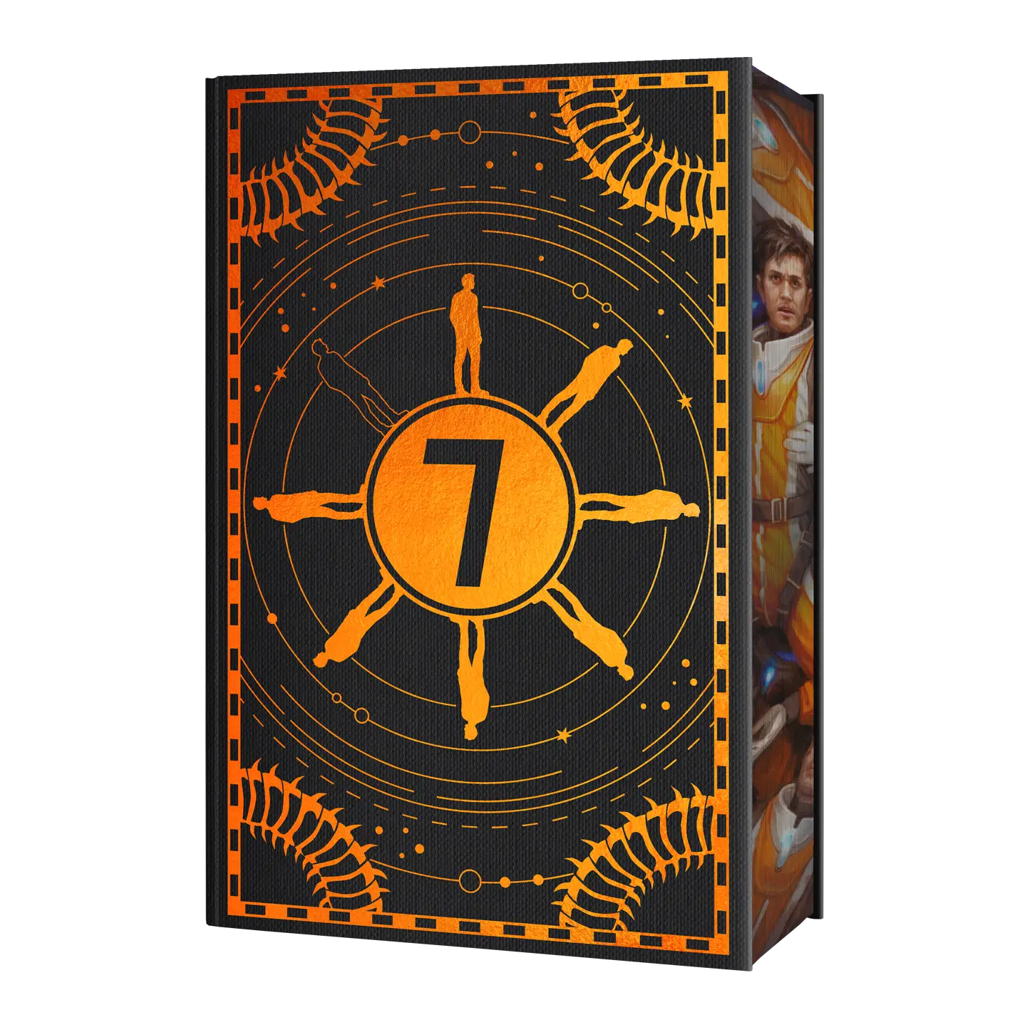 A futuristic book cover design featuring an orange number seven surrounded by silhouettes and abstract patterns on a black background.