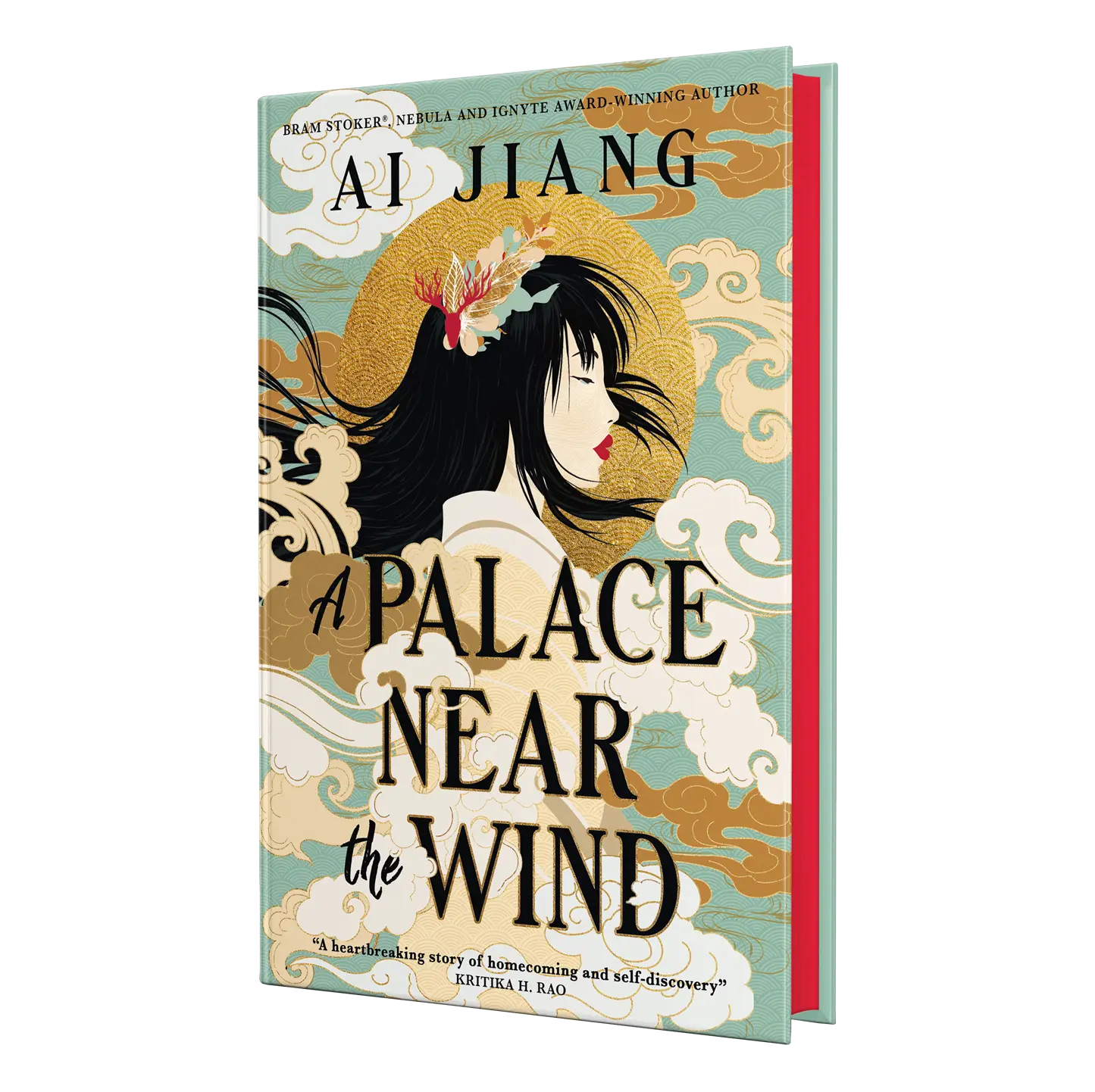 The book cover for "A Palace Near the Wind" by Ai Jiang, featuring an ornate illustration with clouds and a profile of a woman.
