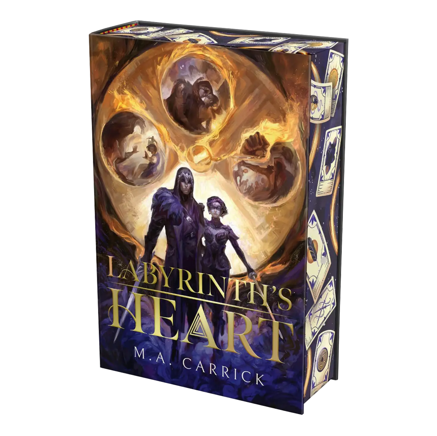 "Labyrinth's Heart" by M.A. Carrick features a captivating fantasy book cover with mystical symbols and intriguing characters.