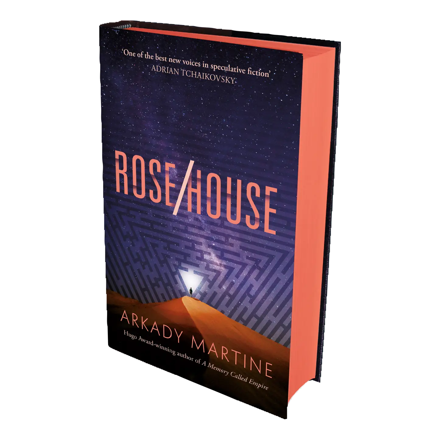"Rose/House" by Arkady Martine is a speculative fiction novel with a striking cover featuring a night sky and a mysterious illuminated figure.
