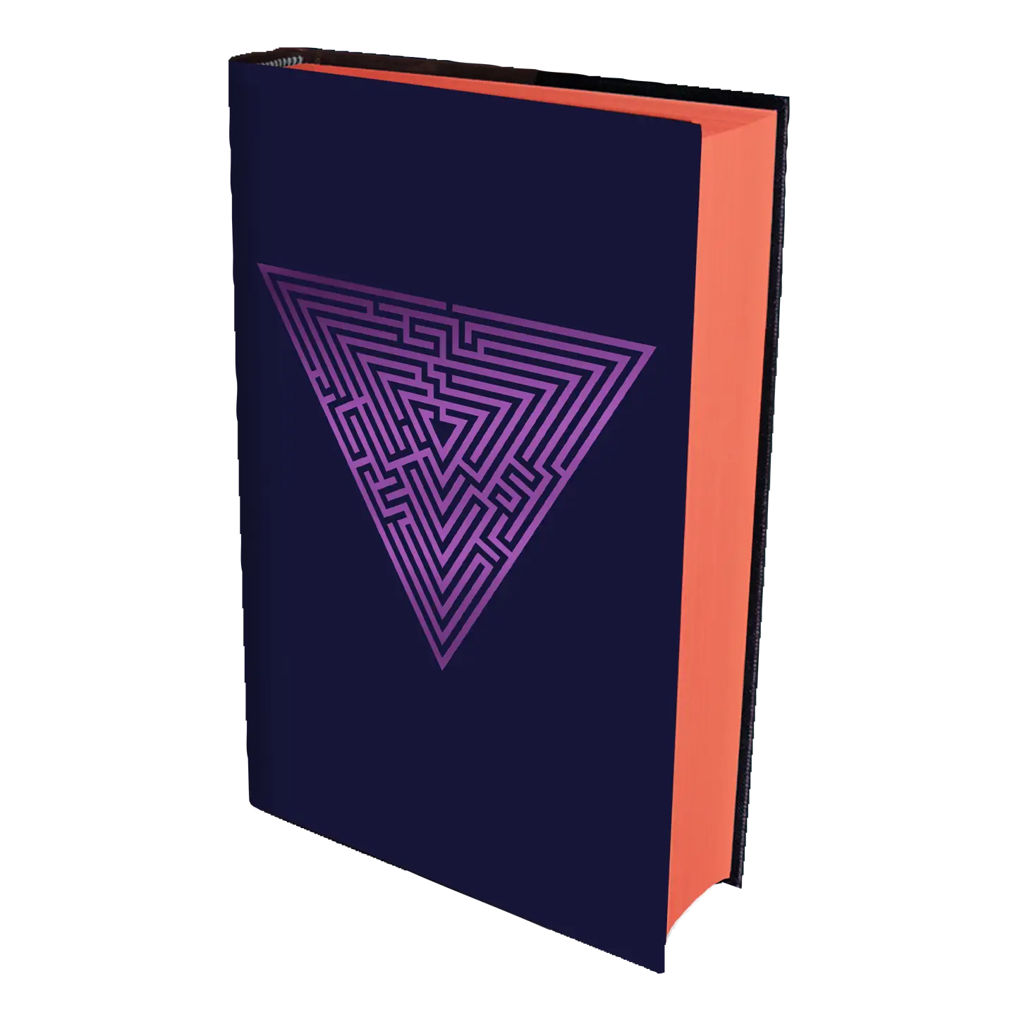A book with a dark blue cover featuring a purple geometric triangular maze design and red page edges, capturing a modern and intriguing aesthetic.