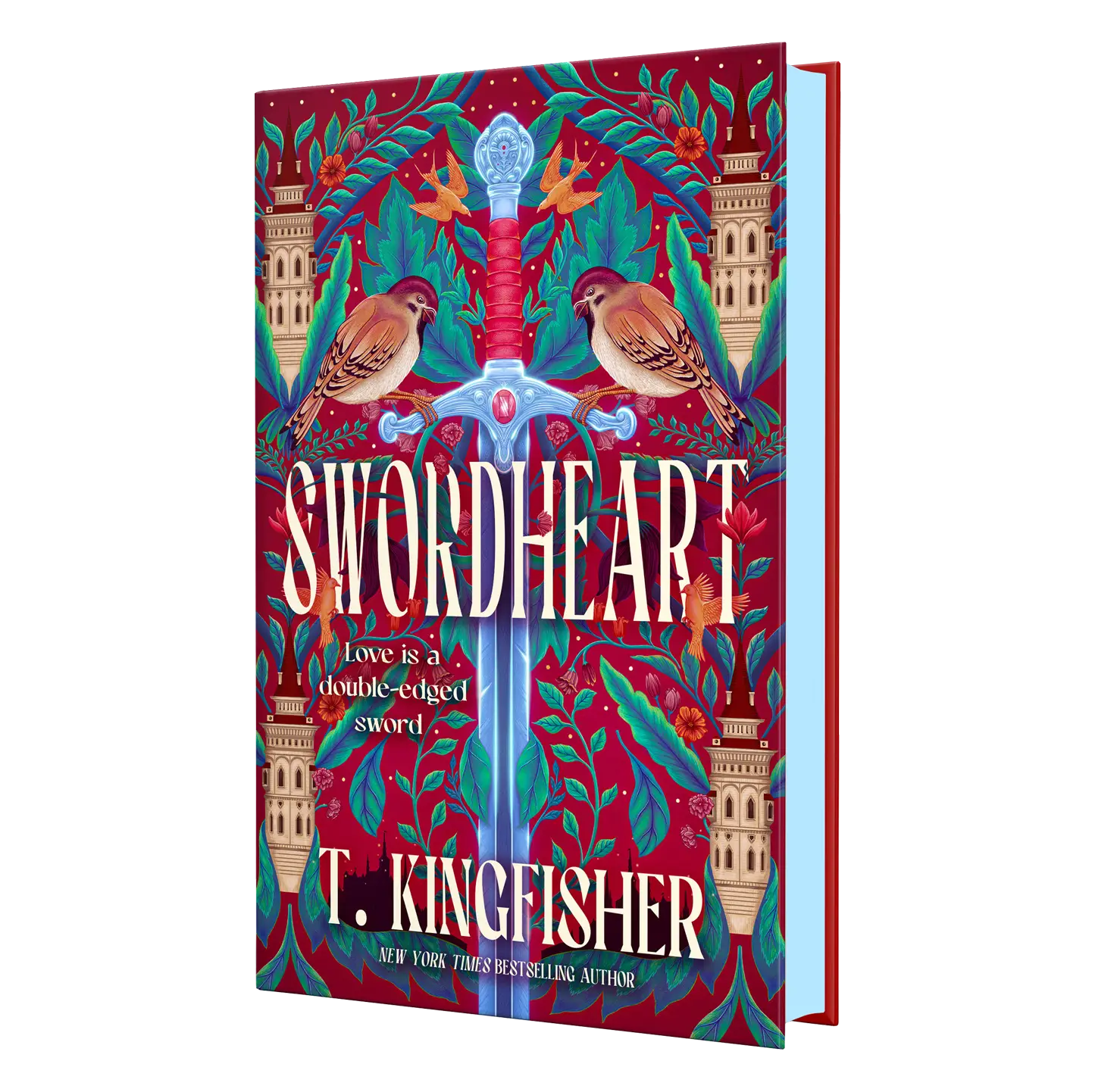 T. Kingfisher's "Swordheart" book cover features vibrant illustrations of a sword flanked by birds and ornamental towers, set against a lush, leafy background.