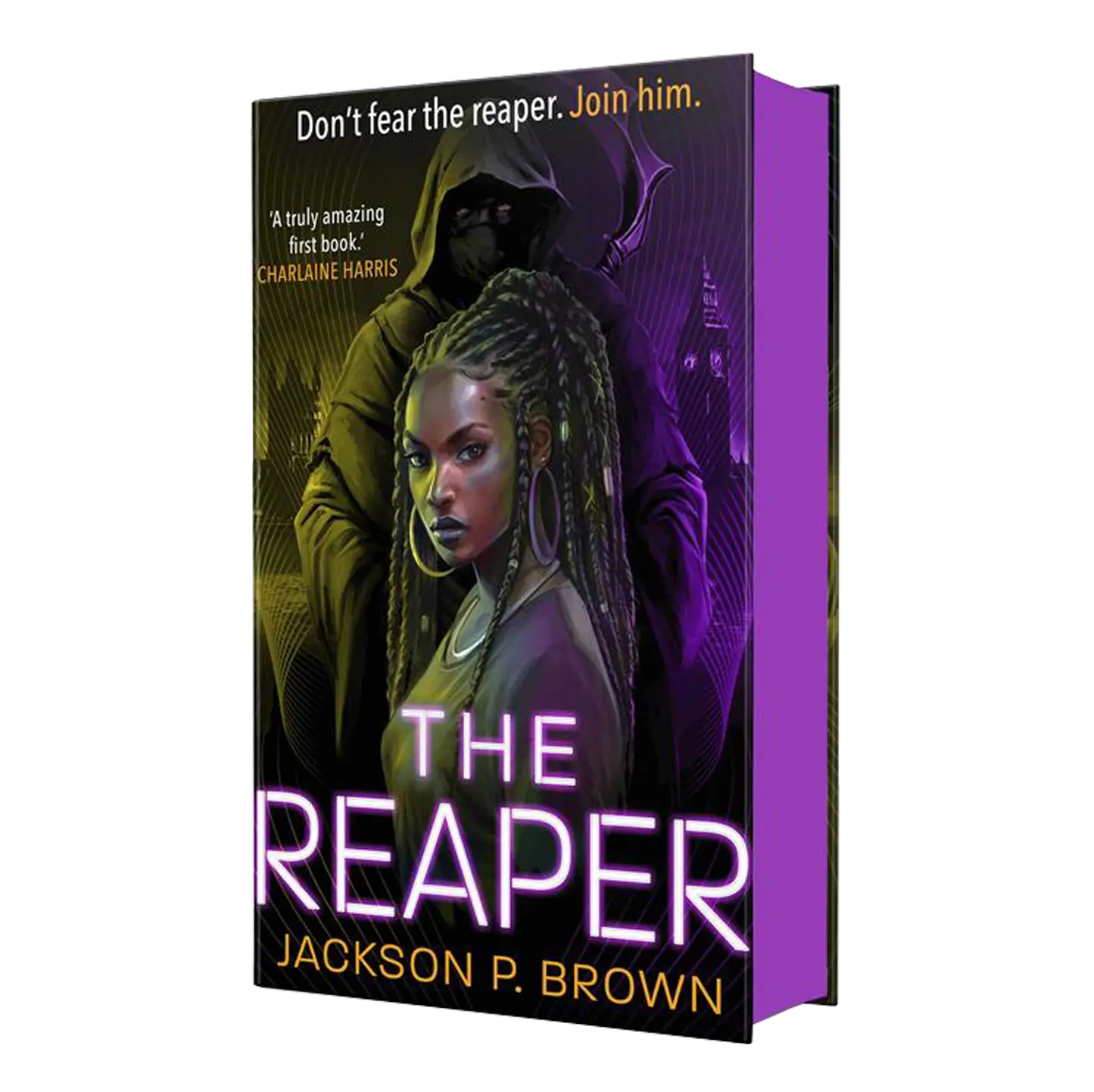 The book cover of "The Reaper" by Jackson P. Brown features a mysterious hooded figure and a woman with braided hair, highlighted by neon lettering, under the tagline "Don't fear the reaper. Join him."