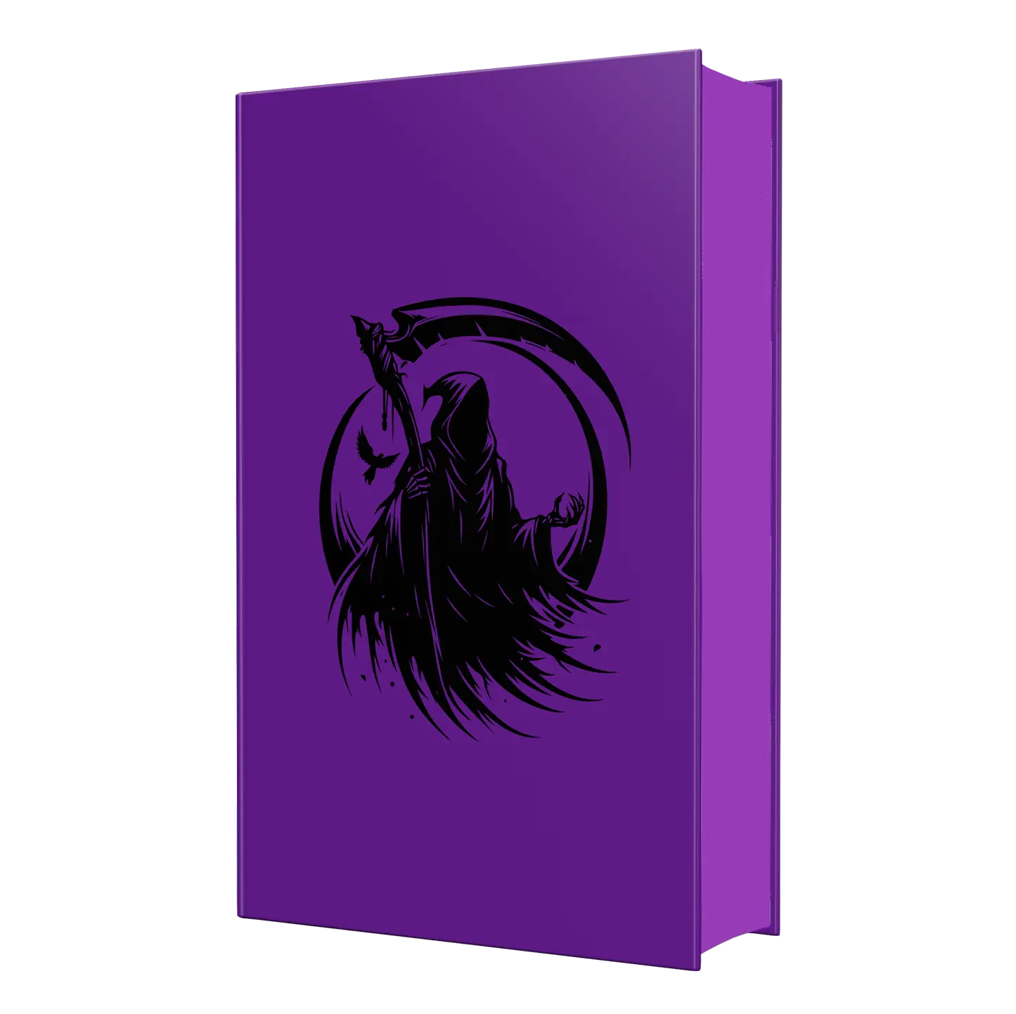 A purple book cover featuring a black silhouette of the Grim Reaper holding a scythe.