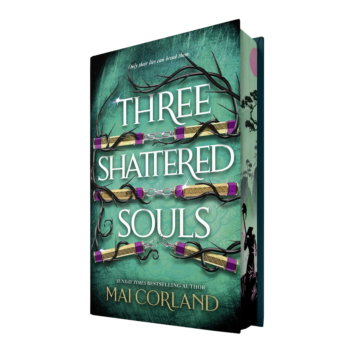 "Three Shattered Souls" by Mai Corland features a mystical book cover with dark vines and golden scrolls against a teal backdrop, capturing intrigue and fantasy.