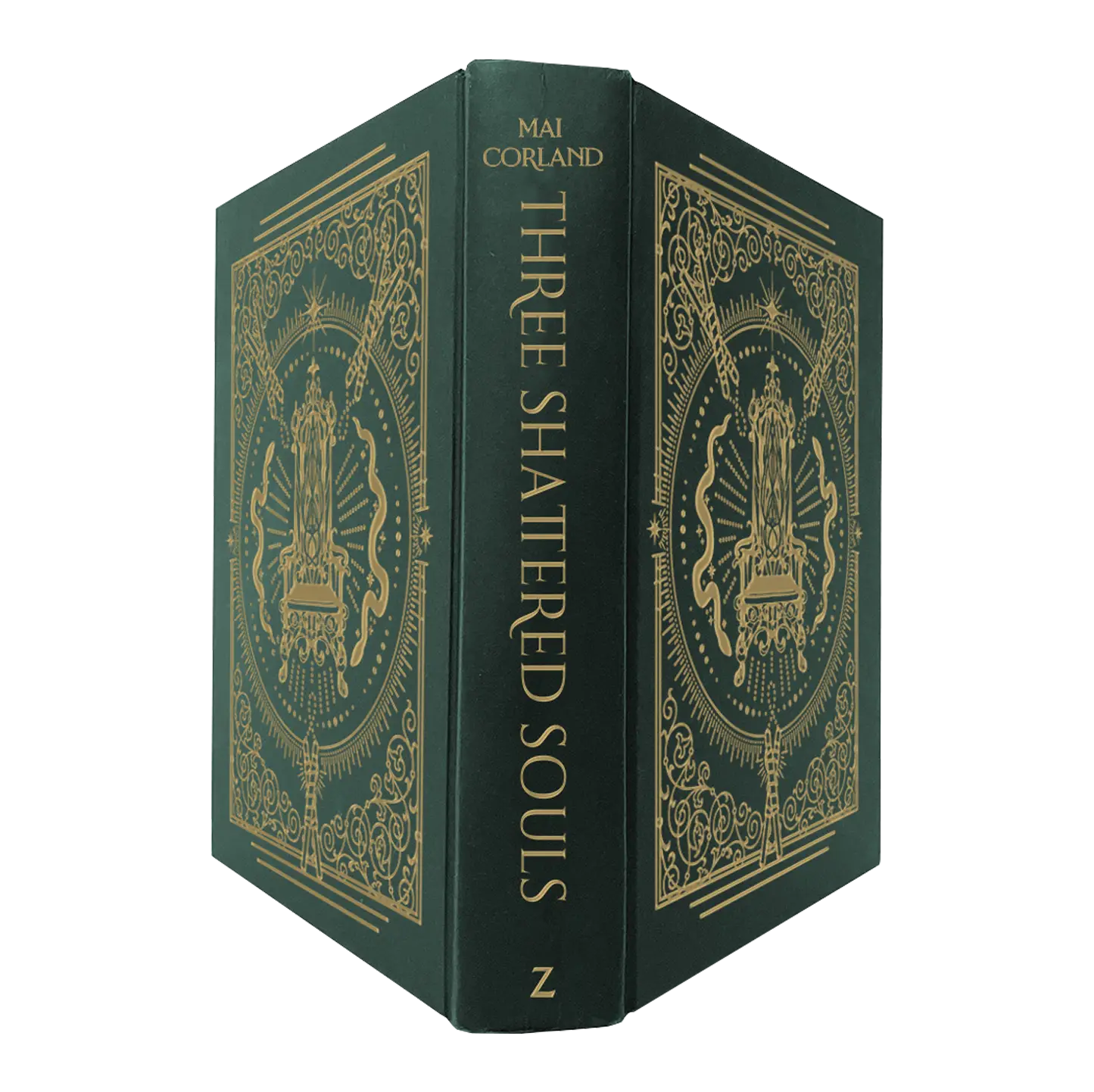 "Three Shattered Souls" by Mai Corland features an elegant dark green cover with intricate gold detailing and symmetrical patterns, reflecting a sophisticated and mysterious theme.