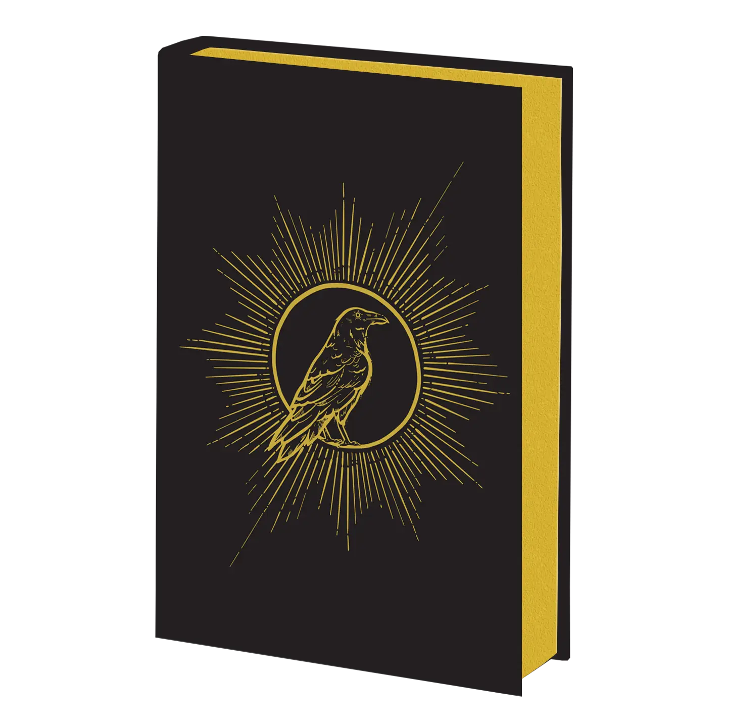 A stylish black book cover with a golden raven design surrounded by radiant lines, offering a striking and elegant aesthetic.