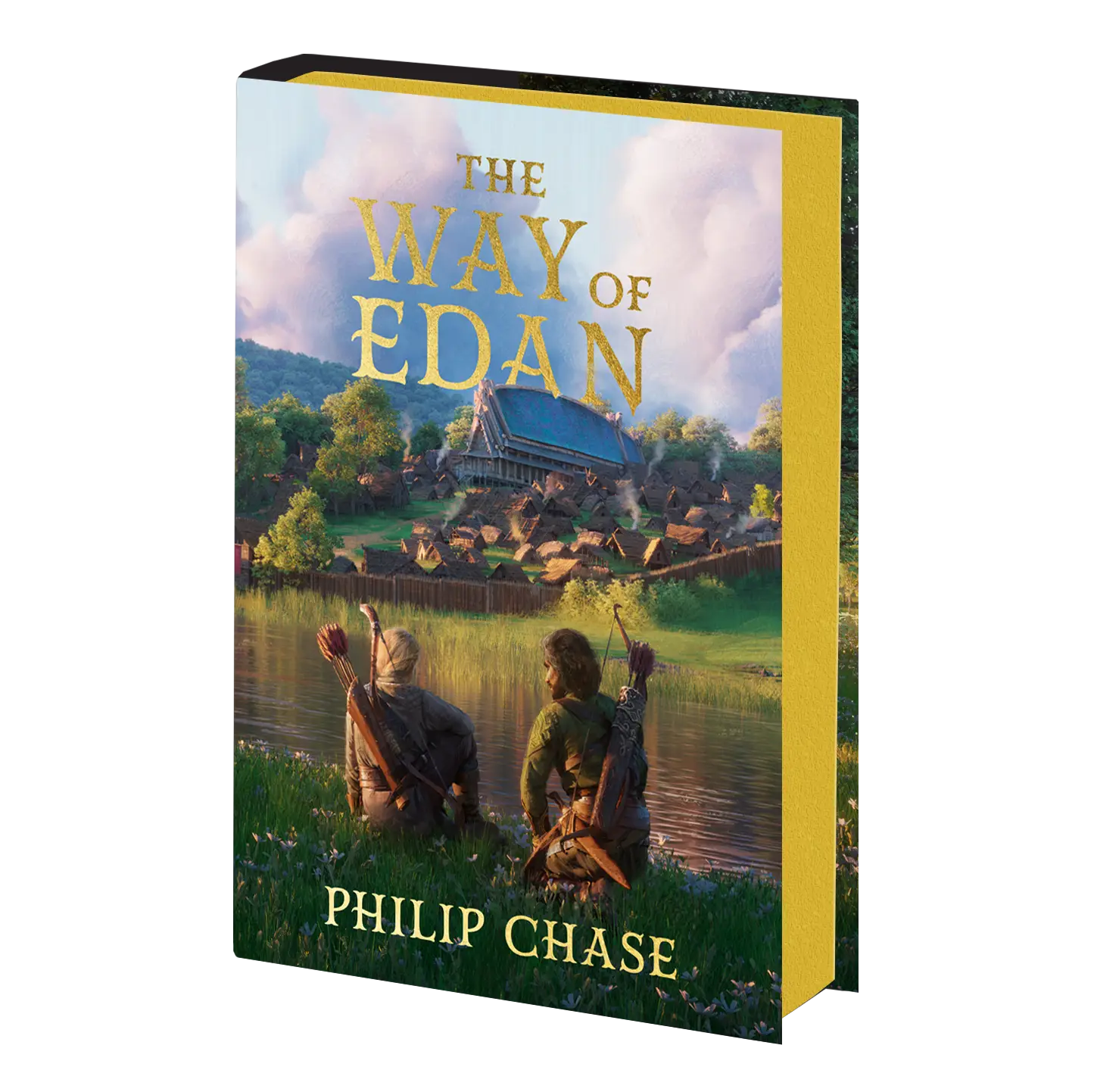 The cover of "The Way of Edan" by Philip Chase, depicting two figures with bows overlooking a village by a river under a cloudy sky.