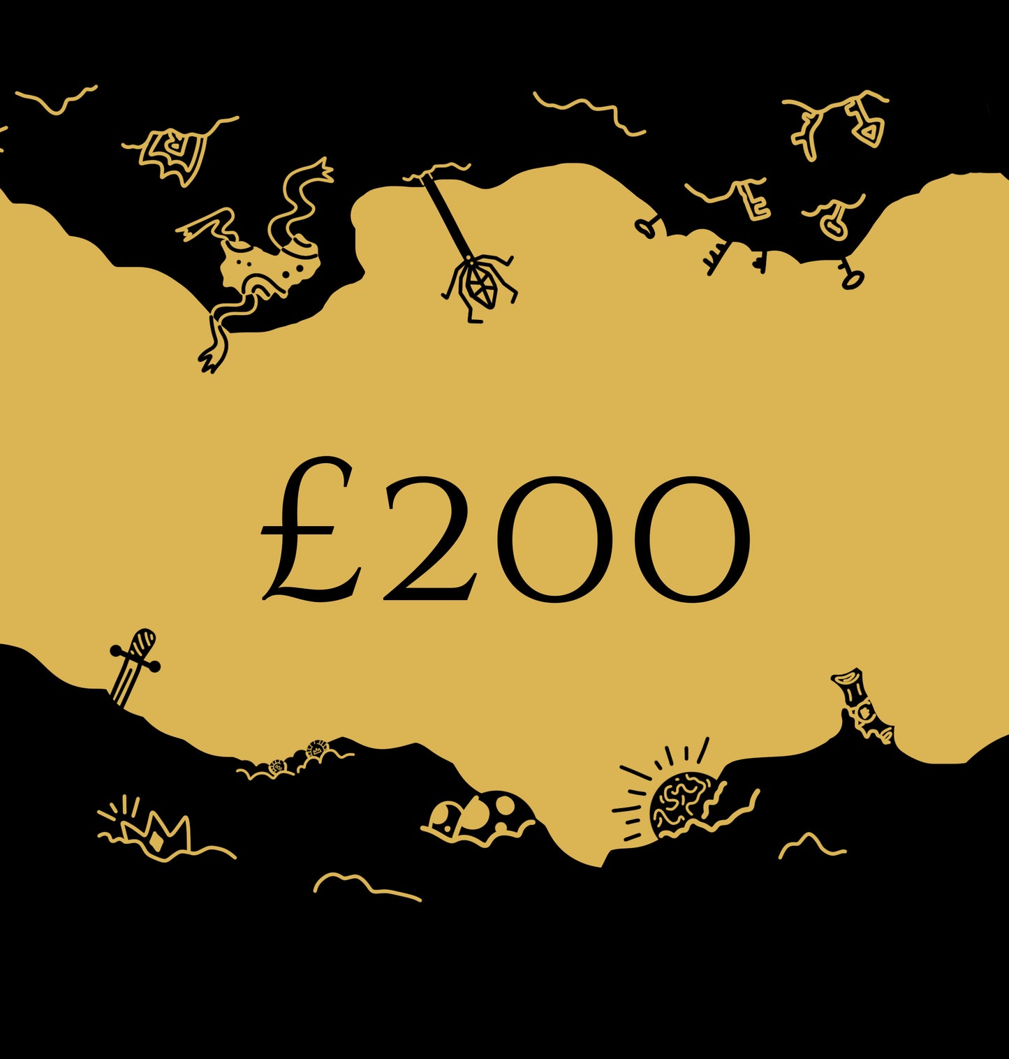 A visually striking black and gold gift card design featuring intricate line drawings and bold text.