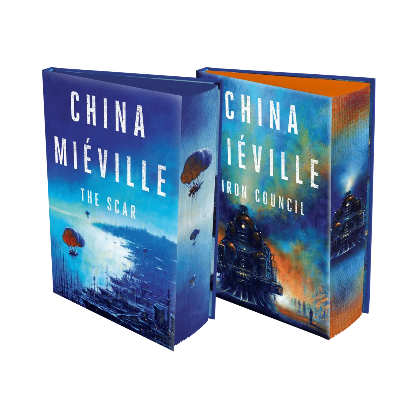 Two books by China Miéville, titled "The Scar" and "Iron Council," displayed with vibrant cover art.