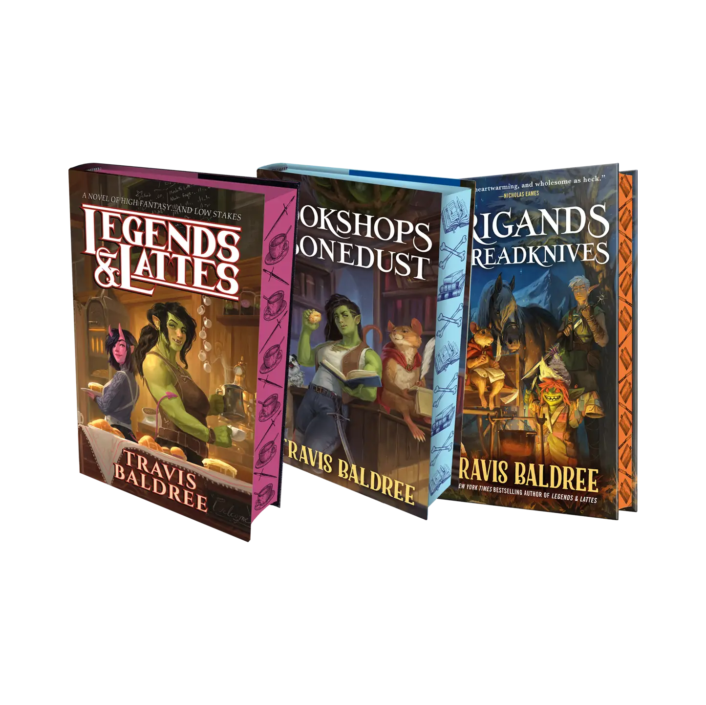 Fantasy series by Travis Baldree, featuring the books "Legends & Lattes," "Bookshops & Bonedust," and "Brigands & Breadknives,"