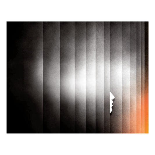 A mysterious abstract illustration features a white face partially obscured by parallel vertical lines with a gradient transitioning from black to orange.