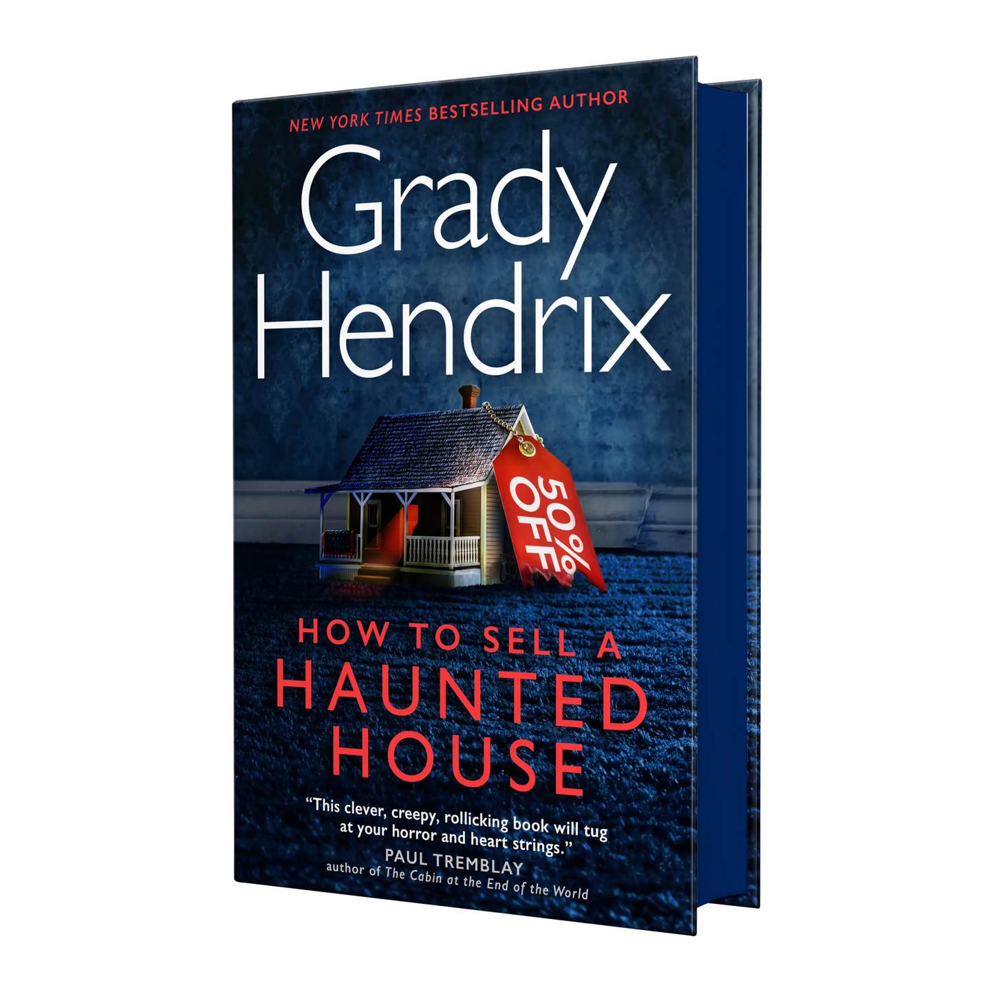 Grady Hendrix's book "How to Sell a Haunted House" features a spooky cover with a haunted house and a 50% off tag, appealing to fans of horror and thriller novels.