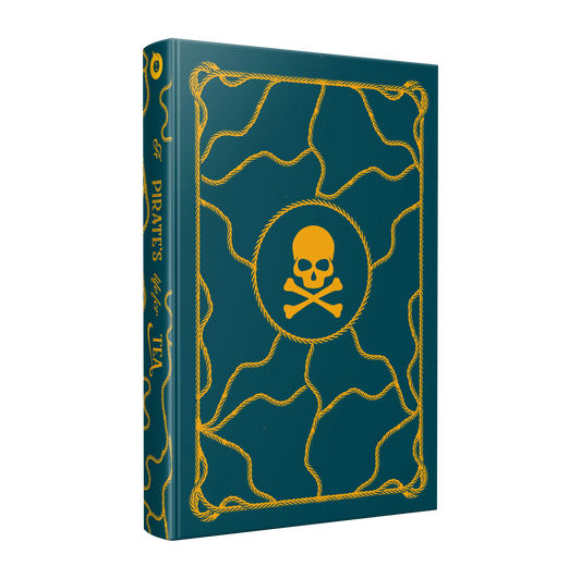 "A Pirate's Life for Tea" with a dark green cover featuring a yellow skull and crossbones design intertwined with rope patterns.