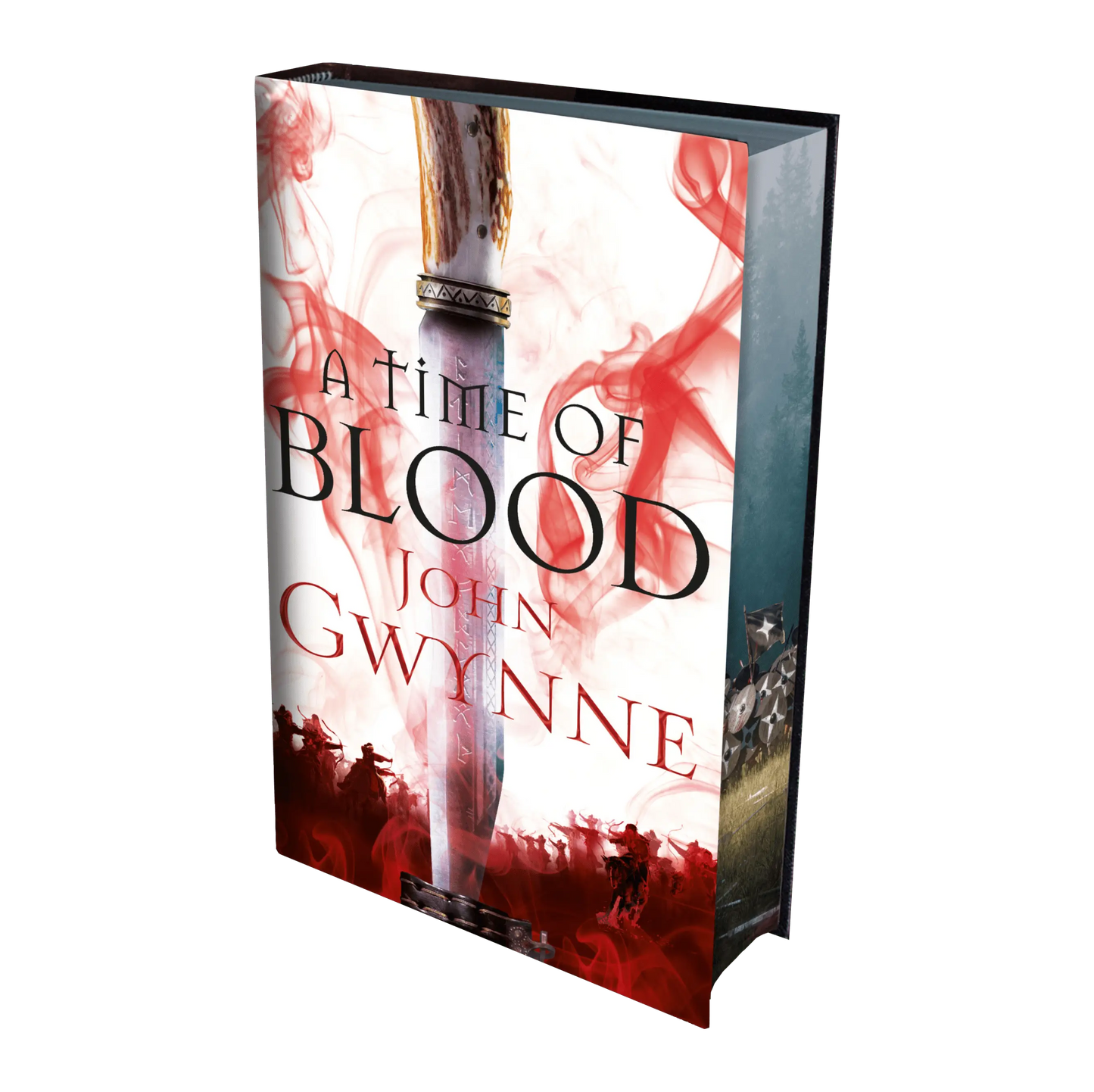 "A Time of Blood" by John Gwynne features a striking cover with a sword enveloped in red smoke, appealing to fans of epic fantasy.
