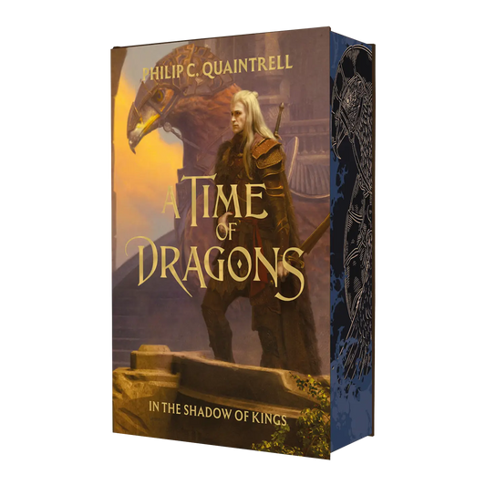 "A Time of Dragons" by Philip C. Quaintrell, depicting a warrior standing in front of a dragon.