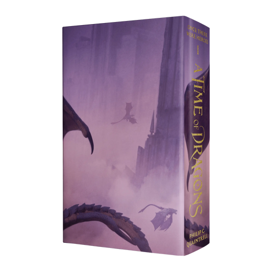 A captivating fantasy book cover featuring dragons in a misty, purple-hued landscape for "A Time of Dragons" by Philip C. Quaintrell.