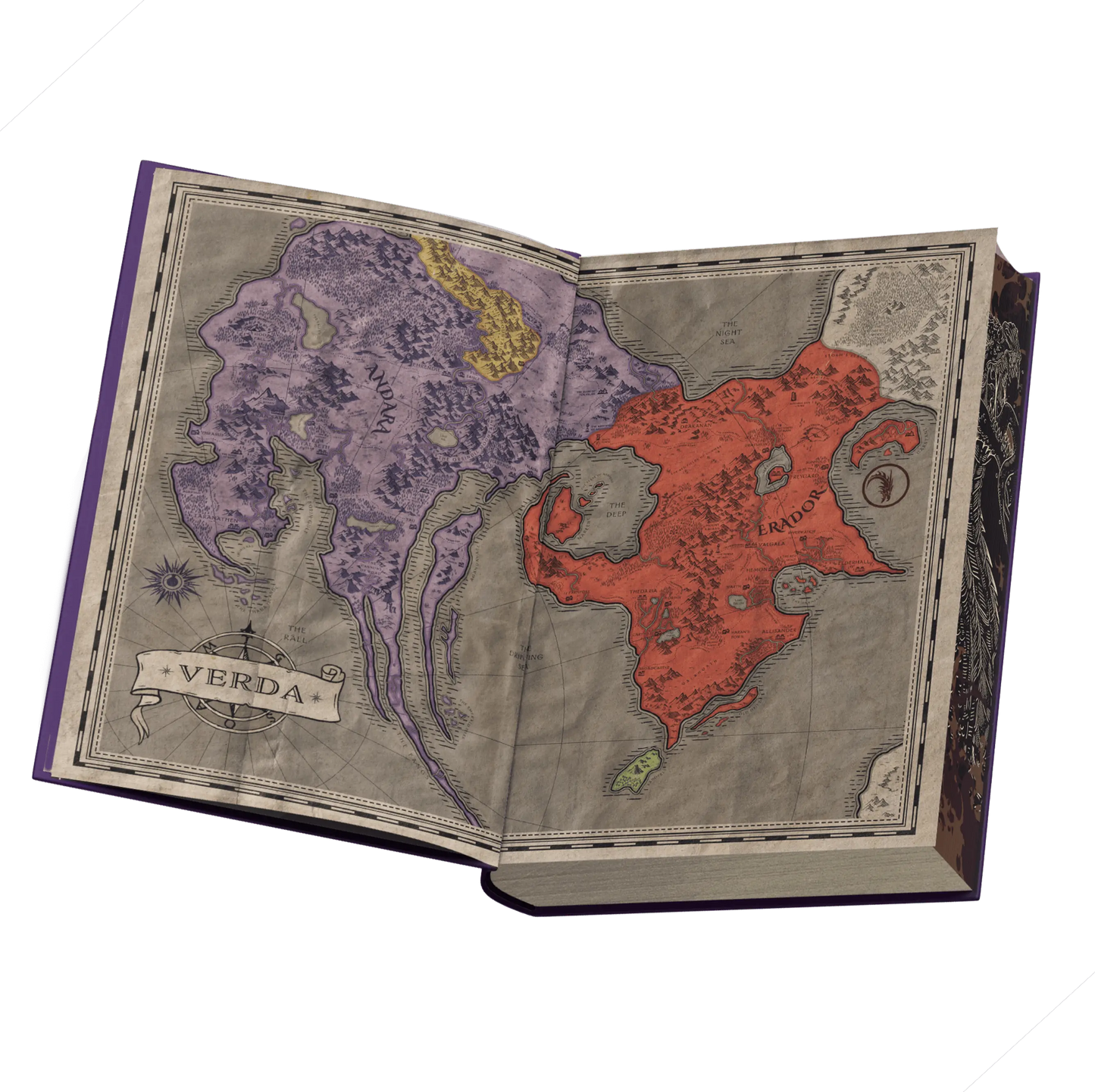 Fantasy map depicting the realms of "Verda" and "Erador" in a vintage book style.