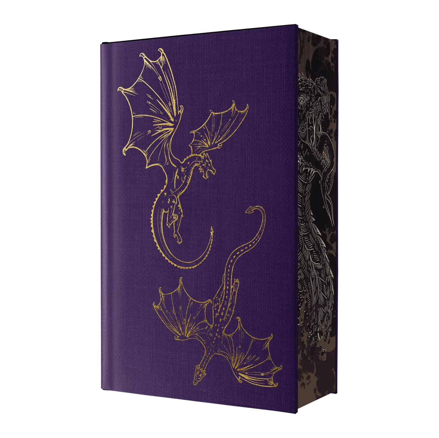 Purple book cover featuring gold drawings of dragons with intricate wing details and a dark, textured spine.