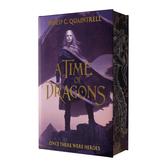 "A Time of Dragons" by Philip C. Quaintrell featuring a heroic figure with a sword and dragon wings in the background.