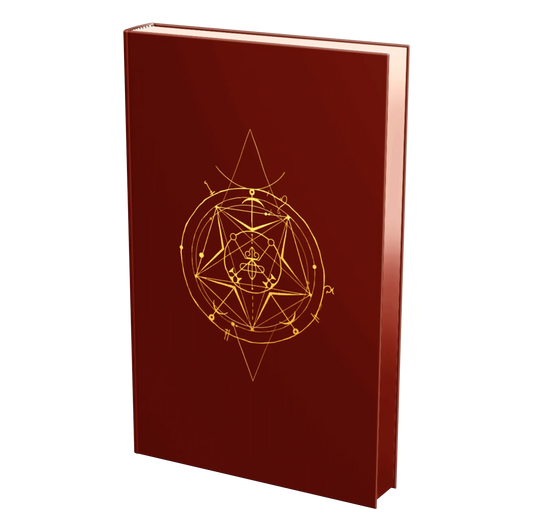 A maroon book features a gold geometric and symbolic design on its cover.