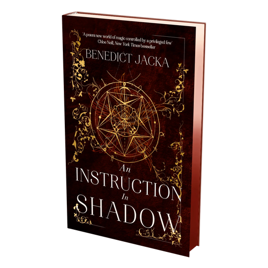 "An Instruction in Shadow" by Benedict Jacka features an intricate design with magical symbols and gold accents on its cover, attracting fantasy enthusiasts.
