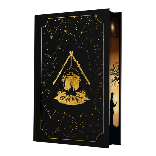 A black book cover with gold illustrations of a cooking pot over a fire and star constellations, featuring a silhouetted figure and tree on the spine.