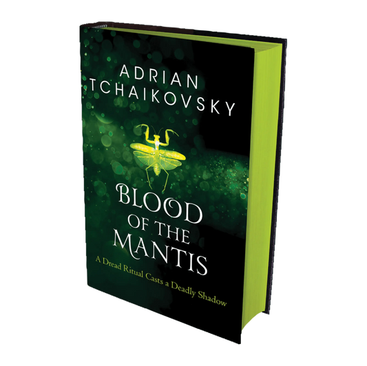 Blood of the Mantis by Adrian Tchaikovsky features a striking green cover with an illustrated mantis and intriguing tagline, "A Dread Ritual Casts a Deadly Shadow".