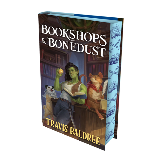 "Bookshops & Bonedust" by Travis Baldree features a vibrant fantasy cover with an orcish character holding a book, set in a cozy library backdrop.