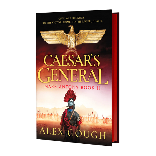 "Caesar's General: Mark Antony Book II" by Alex Gough features an epic historical drama with a cover showcasing a Roman general and an eagle emblem against a dramatic sky.