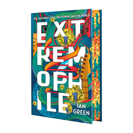 "Extremophile by Ian Green features a vibrant book cover with bold text and colorful illustrations including a guitar and abstract designs."