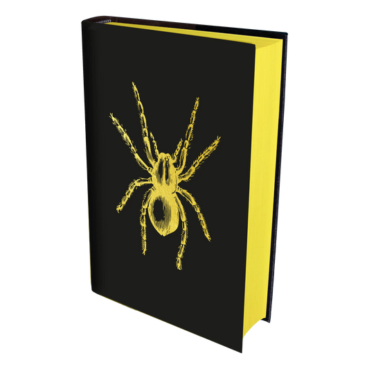 A black book with a striking yellow spider illustration on the cover, perfect for search engine visibility in categories like creepy crawlies literature.