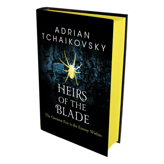 "Heirs of the Blade" by Adrian Tchaikovsky features a dark cover with a yellow spider and the tagline "The Greatest Foe is the Enemy Within."