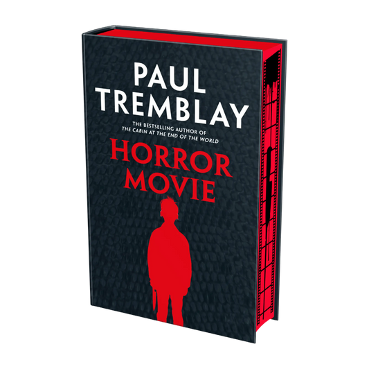 Paul Tremblay's "Horror Movie" book cover features a dark textured background with bold red text and a silhouette, emphasizing its gripping horror theme.