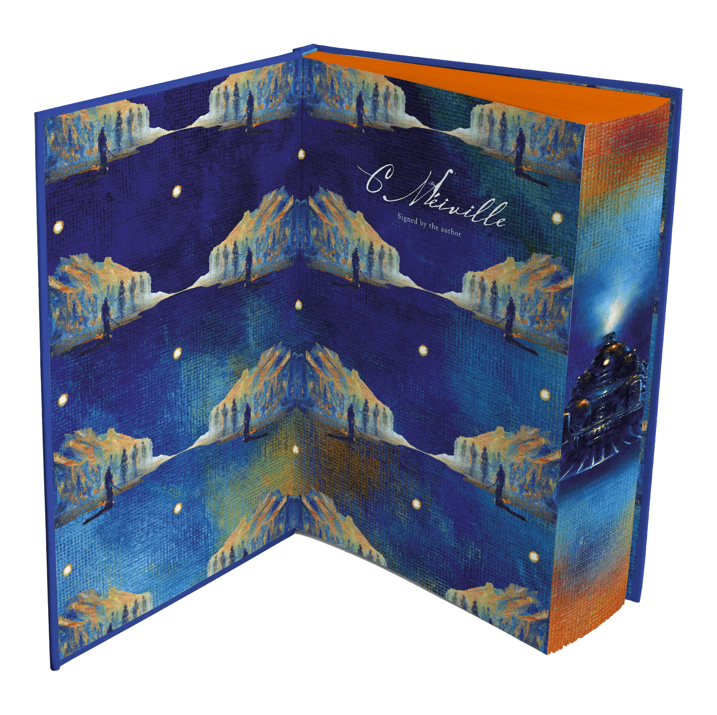 A beautifully illustrated book cover featuring a vibrant night scene with mountains, a train, and a signature by the author.