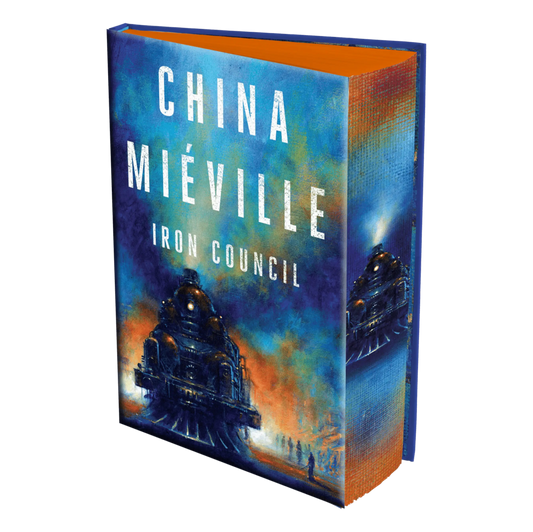 "Iron Council" by China Miéville features a visually striking cover with vibrant colors and a powerful locomotive illustration.