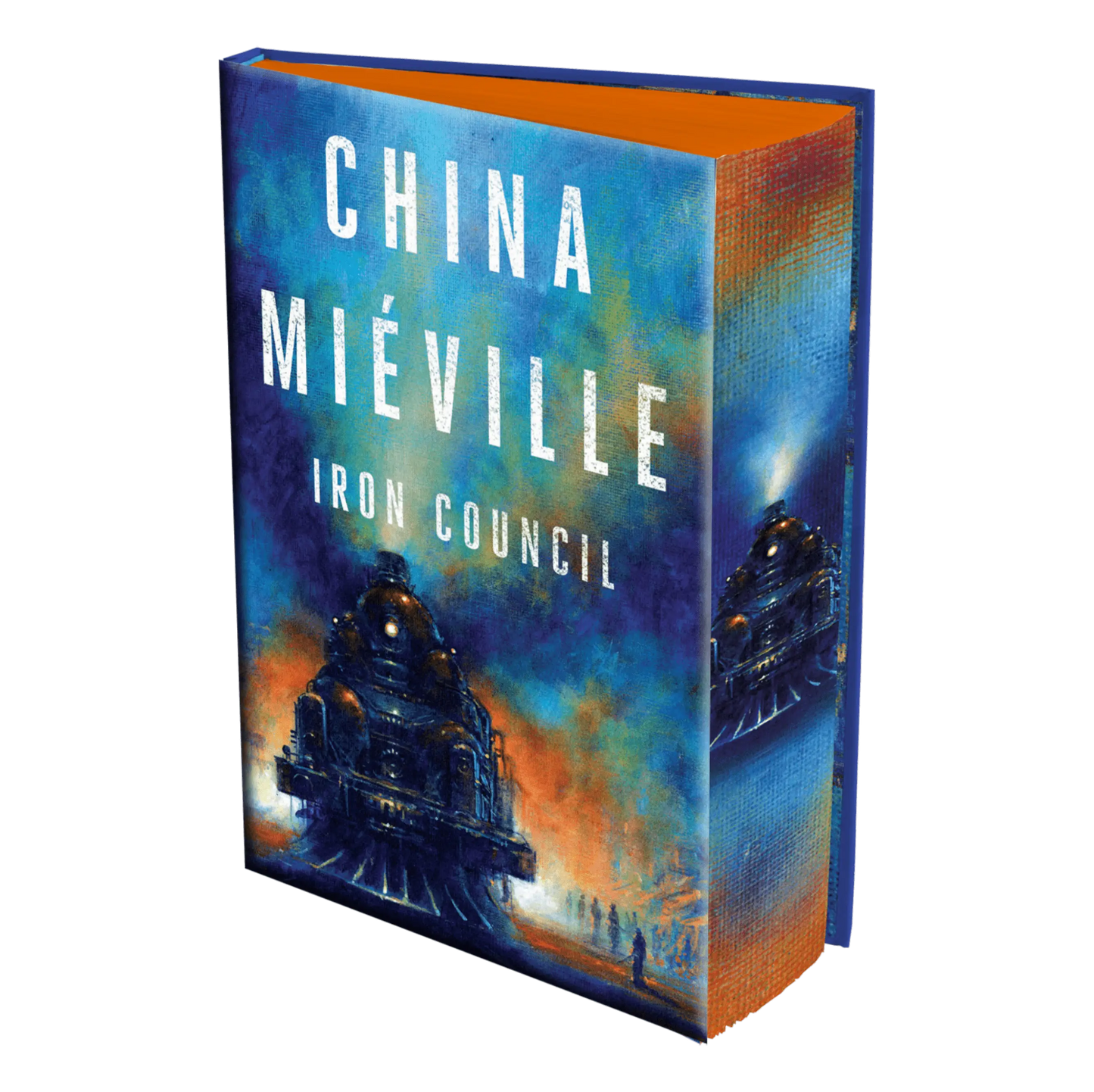 "Iron Council" by China Miéville features a visually striking cover with vibrant colors and a powerful locomotive illustration.