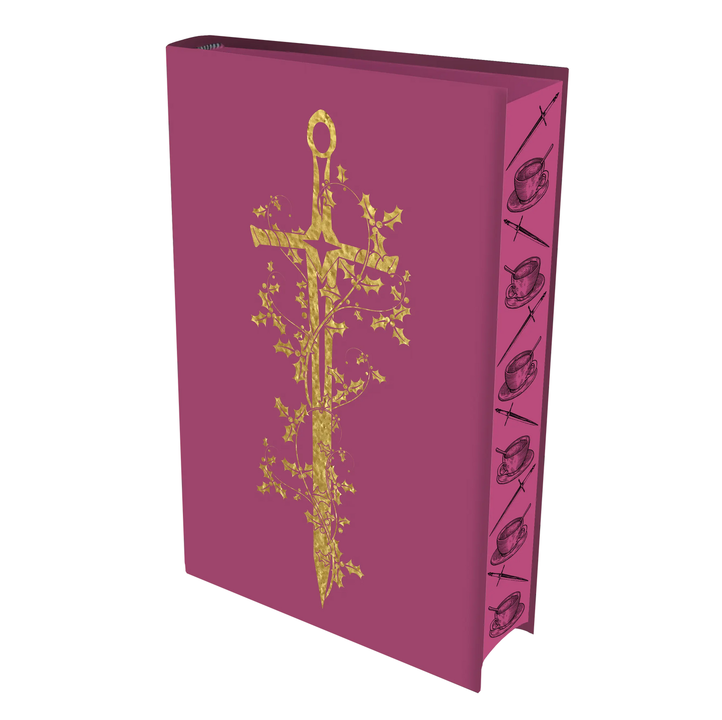 A book with a purple cover featuring a golden sword entwined with vines and a spine decorated with alternating images of swords and teacups
