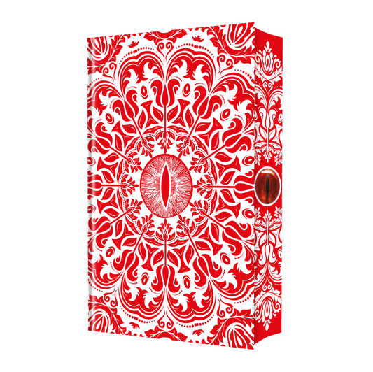 An intricate, symmetrical red and white cover design with a central eye-like pattern, perfect for attracting attention in book marketing and visual branding.