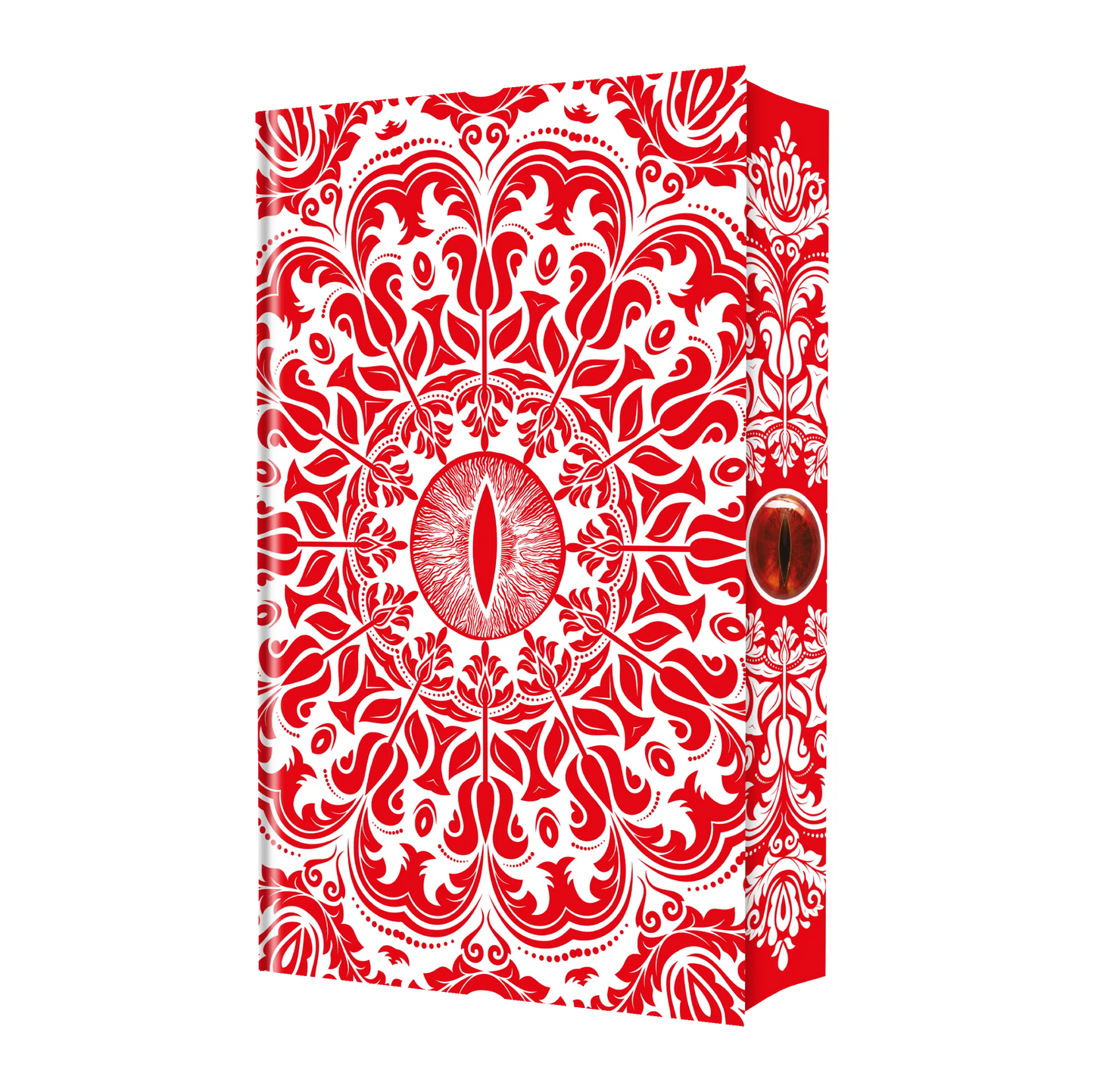 An intricate, symmetrical red and white cover design with a central eye-like pattern, perfect for attracting attention in book marketing and visual branding.