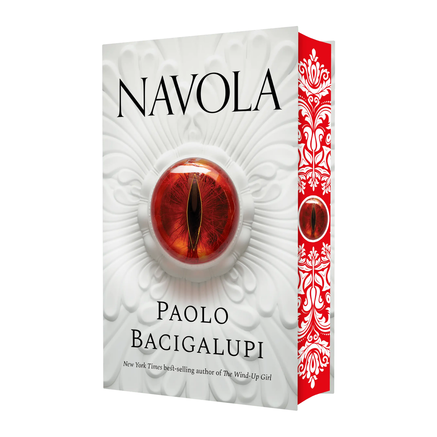 Paolo Bacigalupi's gripping novel "Navola" featuring a striking cover with a fiery eye design.