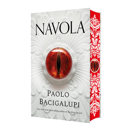 Paolo Bacigalupi's gripping novel "Navola" featuring a striking cover with a fiery eye design.
