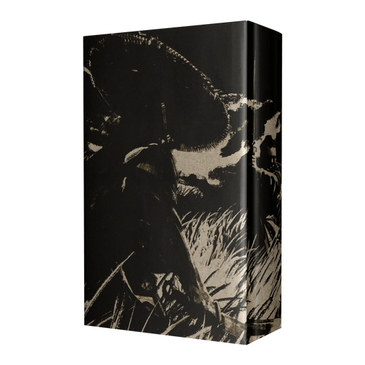 A striking black and white book cover featuring an artistic rendering of a figure with a traditional Asian conical hat amidst a dynamic landscape.