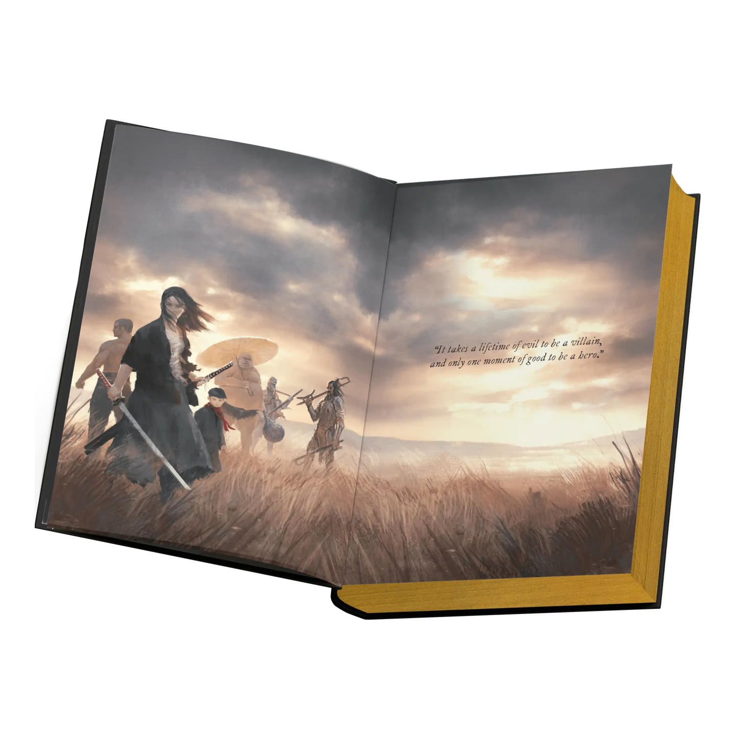 Epic fantasy book depicting a group of warriors in a wheat field with a quote about heroism and villainy.