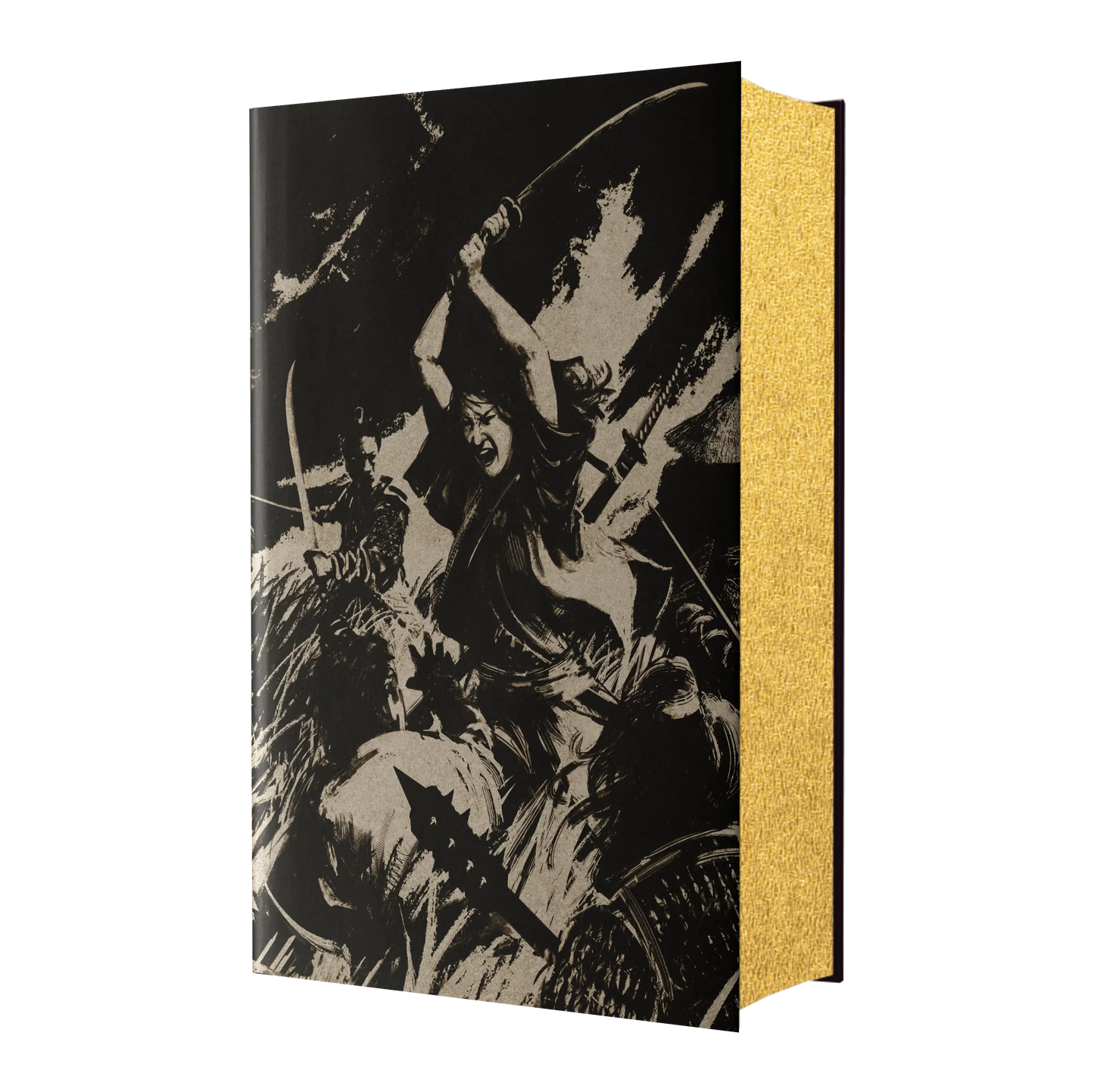 A decorative book cover featuring golden illustrations of samurai swords and birds against a black background, ideal for a historical or fantasy novel.