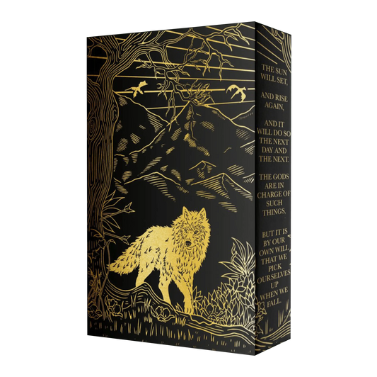 A beautifully designed black and gold book cover featuring a detailed illustration of a wolf and nature scene, accompanied by an inspiring quote about resilience.