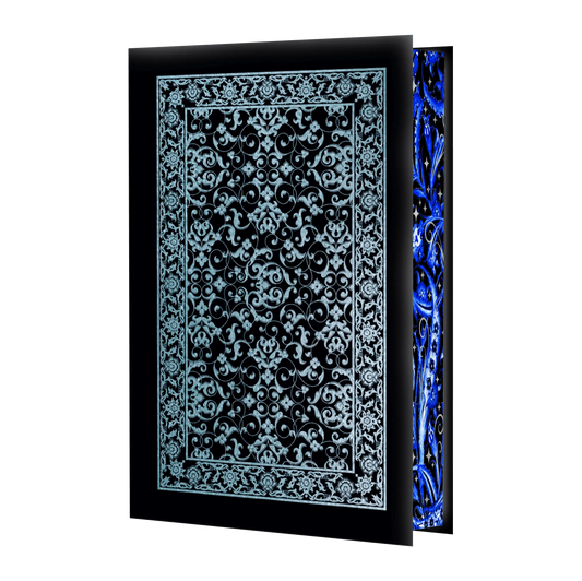 Luxurious journal with intricate blue and black floral designs, perfect for elegant writing and note-taking.