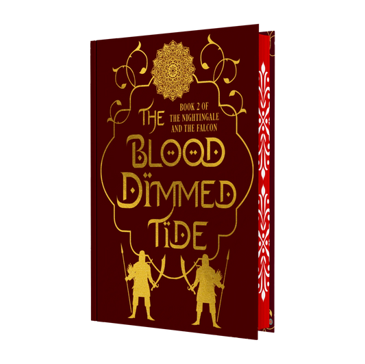 The cover of a book titled "The Blood Dimmed Tide," book 2 of "The Nightingale and The Falcon," with an ornate red and gold design and silhouettes of two warriors.