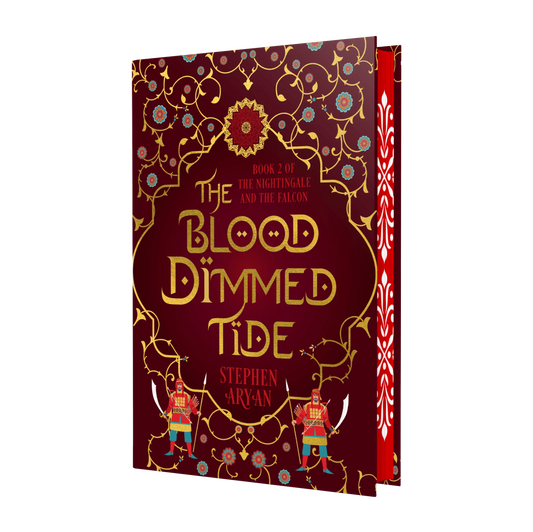 The book cover of "The Blood Dimmed Tide" by Stephen Aryan, part of "The Nightingale and the Falcon" series, with an ornate design and vibrant colors.